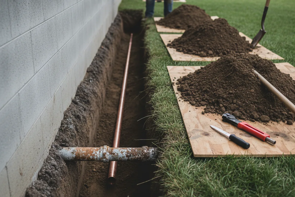 Excavated water line trench during Water Softener Installation in Ruthven